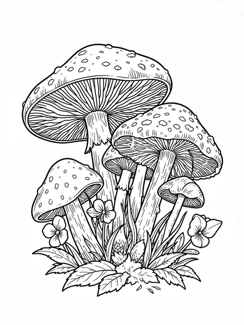 Intricate black and white line art of clustered wild spotted mushrooms with lacy gills and accompanying violet flowers on a