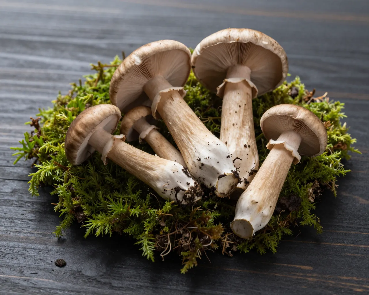 Fresh wild mushrooms arranged on green moss atop a dark wooden board in low key lighting