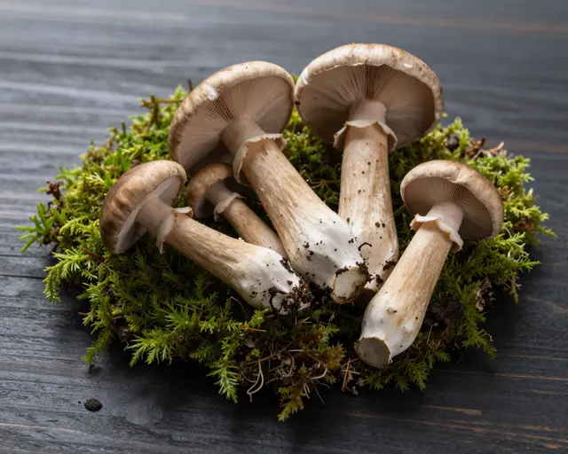 Fresh wild mushrooms arranged on green moss atop a dark wooden board in low key lighting