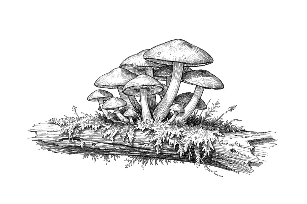 Detailed graphite pencil sketch of a cluster of wild mushrooms growing on a mossy rotting log