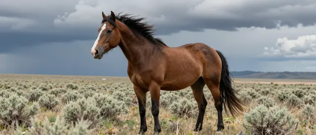 A bay wild mustang with windswept mane stands on a sagebrush plain under stormy clouds