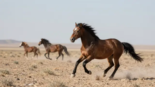 A lead bay mustang runs across arid desert plain with two other mustangs trailing in the background