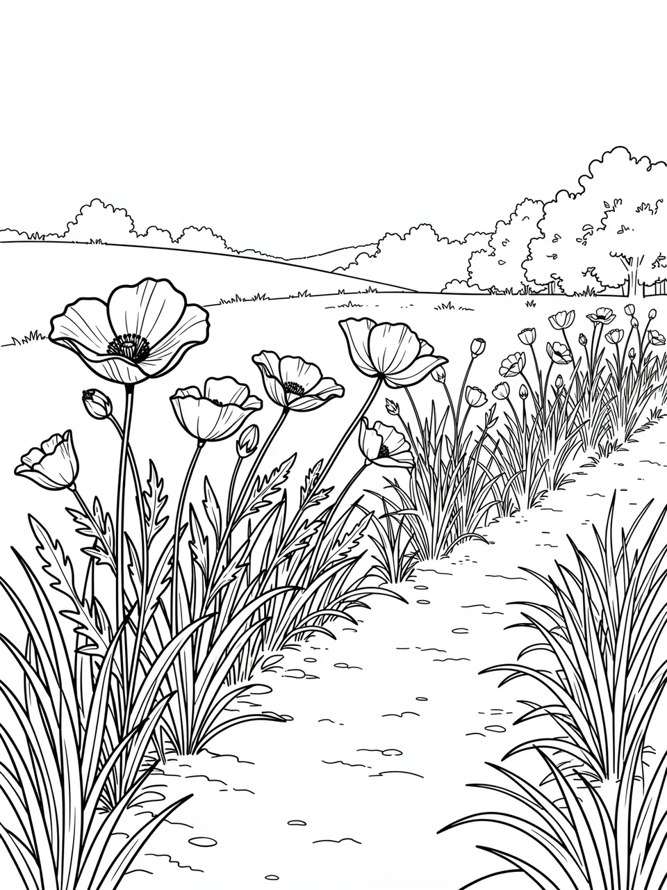 Black and white line art of wild poppies growing alongside a winding country path, with distant hills and trees.