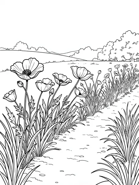 Black and white line art of wild poppies growing alongside a winding country path, with distant hills and trees.