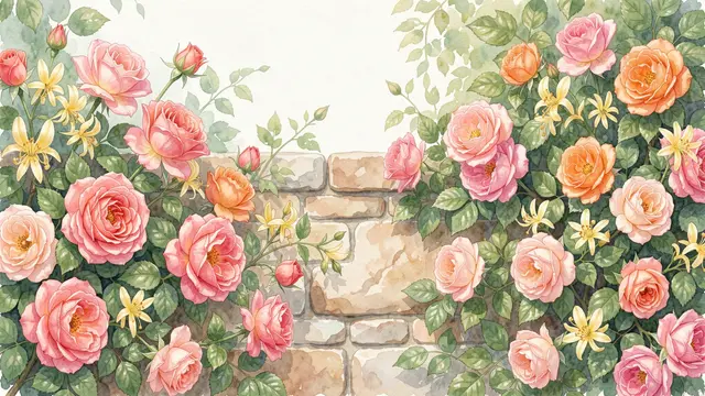 Soft watercolor illustration of pink and peach wild roses with yellow honeysuckle climbing a stone garden wall, with empty