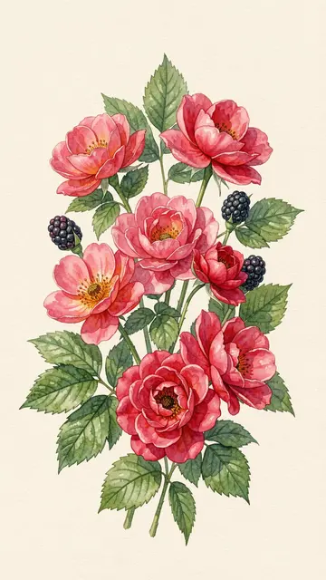 Watercolor illustration of pink wild roses, green leaves and ripe blackberries on a cream background