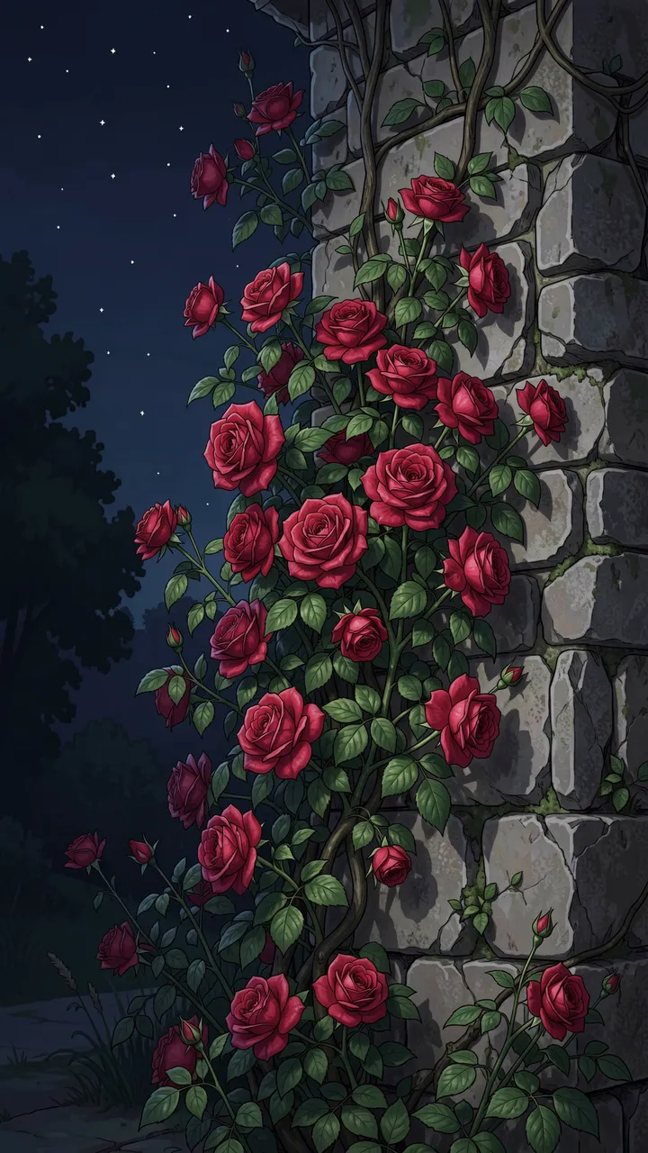 Red climbing wild roses grow on a crumbling stone wall under a starry dark night sky