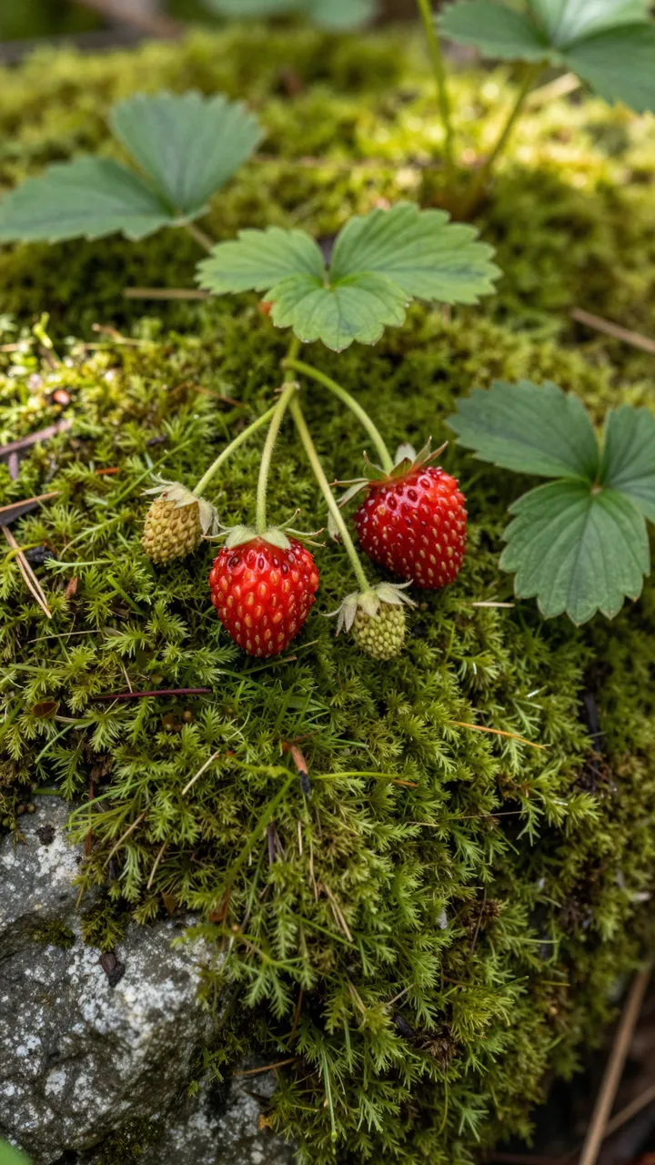 Ripe and unripe wild strawberries grow on thick green moss atop a lichen-speckled forest stone in dappled light.