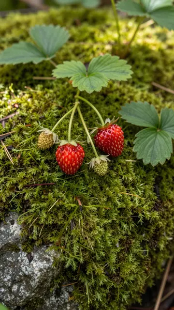 Ripe and unripe wild strawberries grow on thick green moss atop a lichen-speckled forest stone in dappled light.