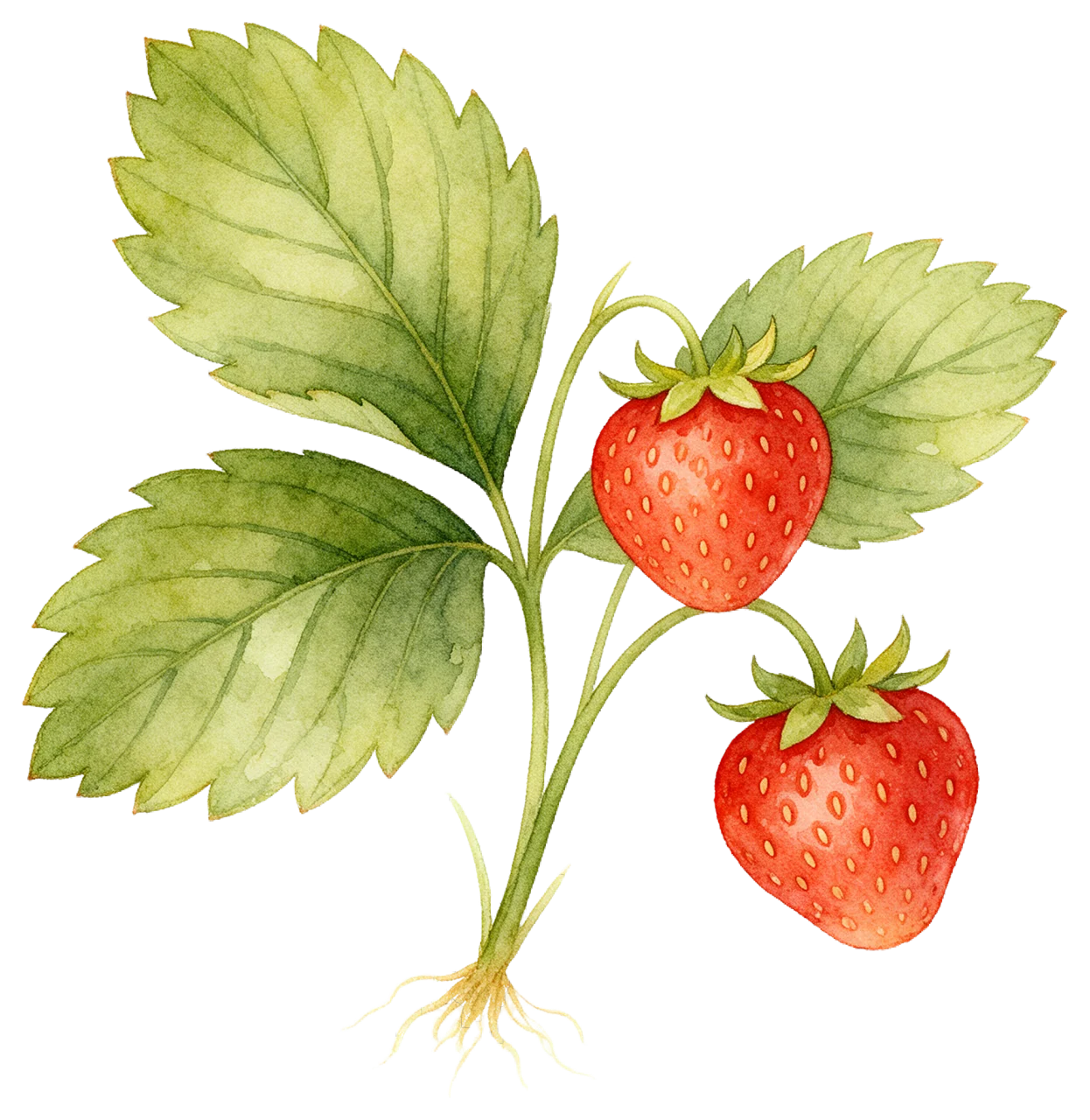 Soft watercolour illustration of a wild strawberry sprig with two red berries and green leaves