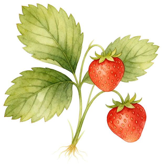 Soft watercolour illustration of a wild strawberry sprig with two red berries and green leaves