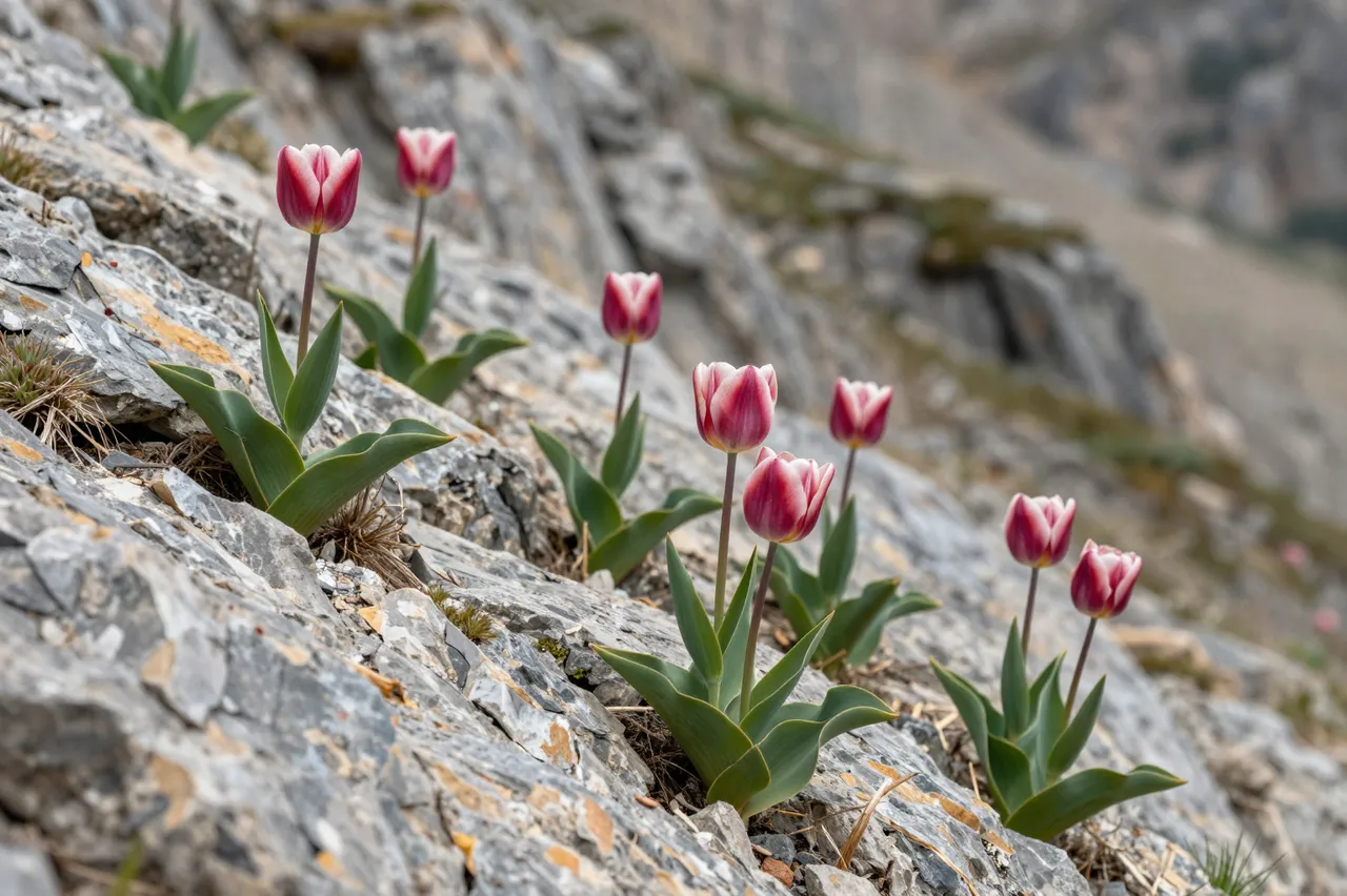 Pink and white wild tulips grow from crevices on a rugged rocky mountain slope