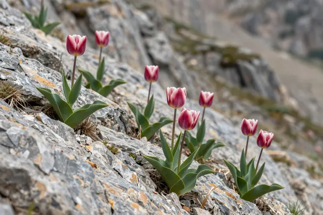 Pink and white wild tulips grow from crevices on a rugged rocky mountain slope
