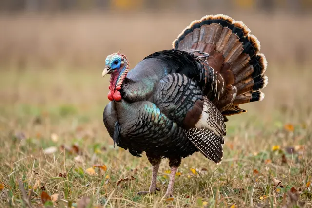 A male wild turkey stands alert in a grassy autumn field with scattered fallen leaves.