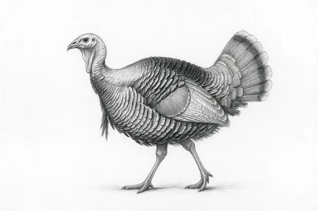 Graphite pencil sketch of a side-view wild turkey with partially raised tail on plain white paper