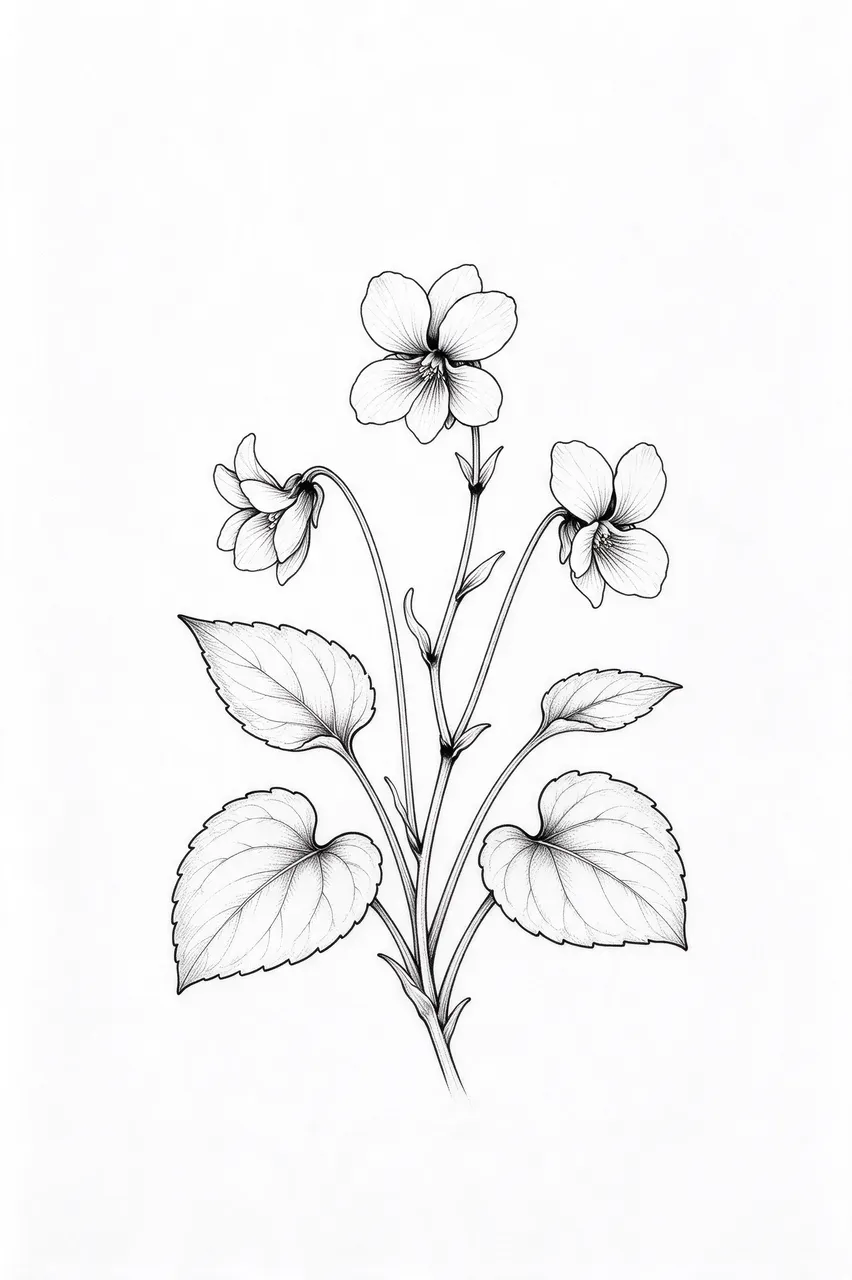 Black ink fine line drawing of a wild violet plant with three blooms and heart-shaped leaves on white paper