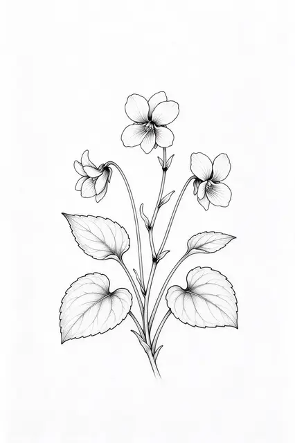 Black ink fine line drawing of a wild violet plant with three blooms and heart-shaped leaves on white paper