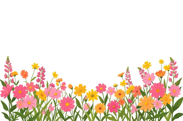 A flat clipart floral border of pink, yellow and orange wildflowers runs along the bottom of a blank white background.