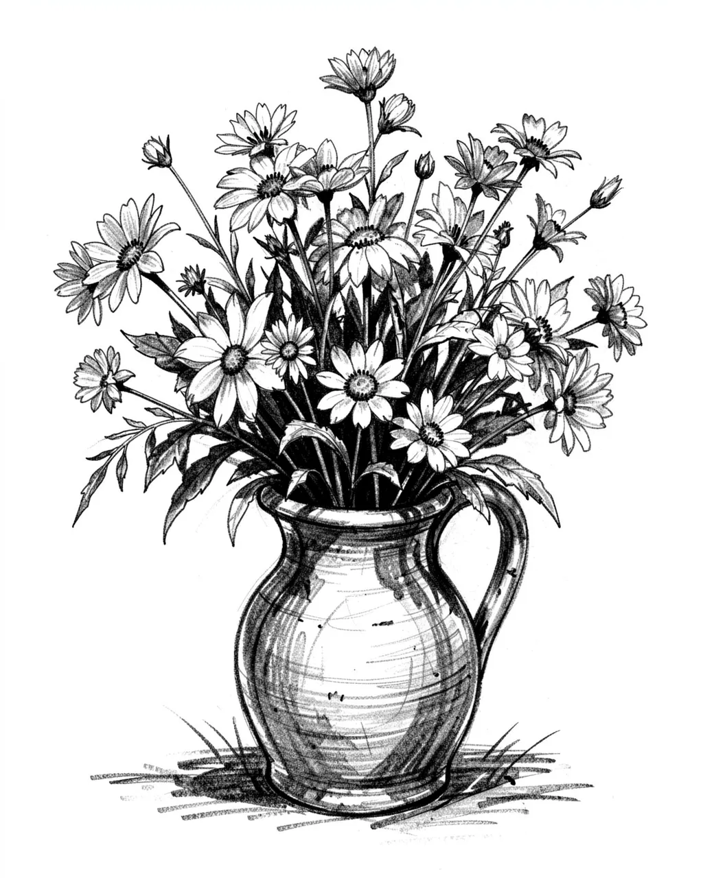 Charcoal sketch of a loose wildflower bouquet of daisies in a handled jug on a plain white background