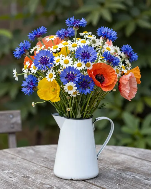 Mixed wildflower bouquet of cornflowers, daisies and poppies sits in a white enamel jug on a weathered wooden garden table.