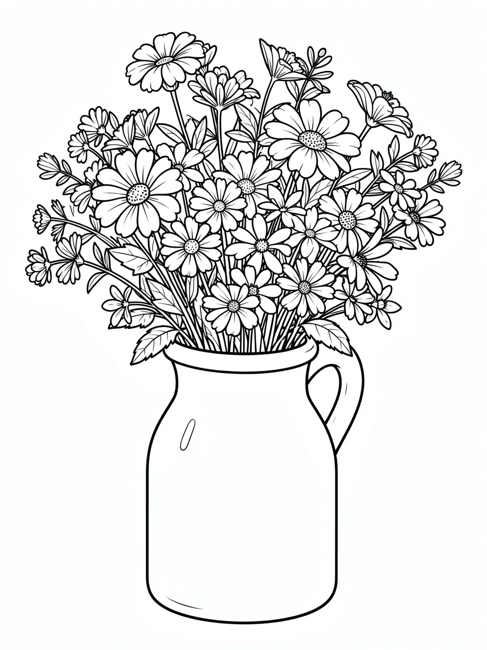Clean black and white line art of a wildflower bouquet arranged in a handled milk jug on a plain white background