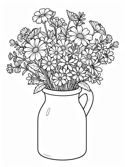 Clean black and white line art of a wildflower bouquet arranged in a handled milk jug on a plain white background