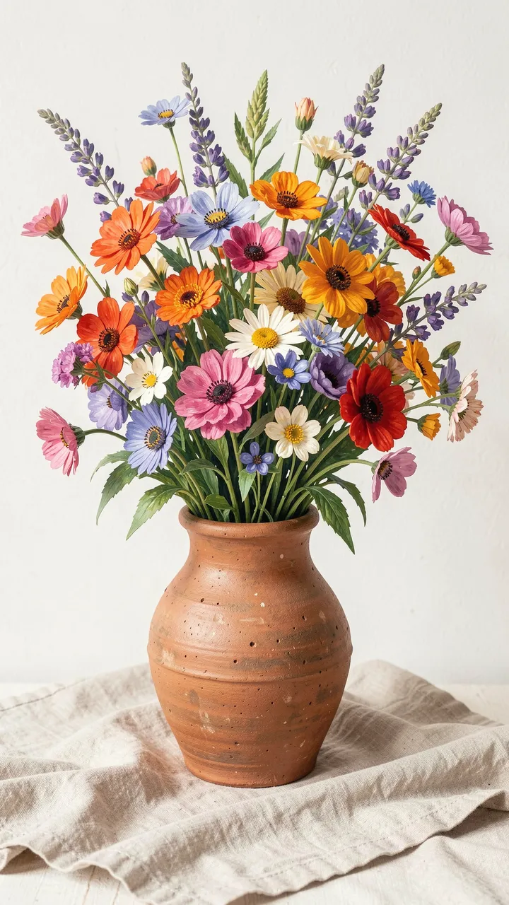 A vibrant mixed wildflower bouquet in a hand-thrown clay vase resting on draped linen cloth against a plain wall