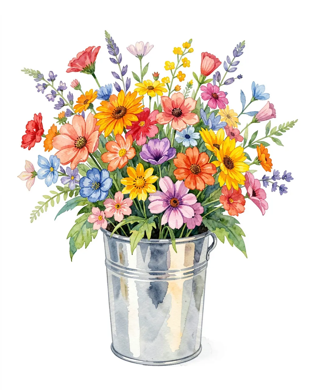 A loose watercolor illustration of a colorful mixed wildflower bouquet in a galvanized tin bucket against a plain white