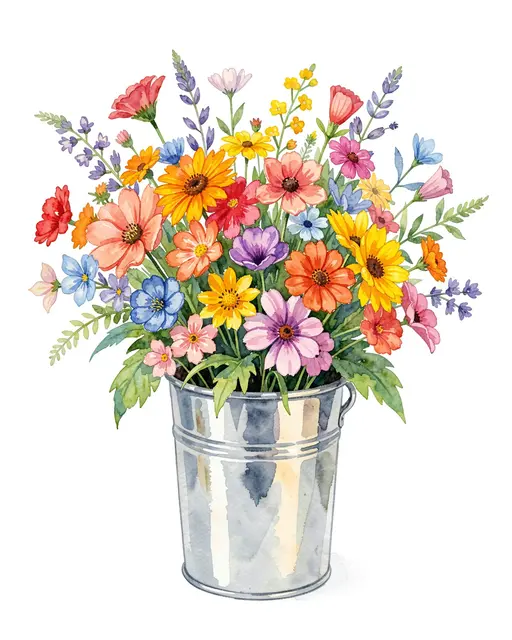 A loose watercolor illustration of a colorful mixed wildflower bouquet in a galvanized tin bucket against a plain white