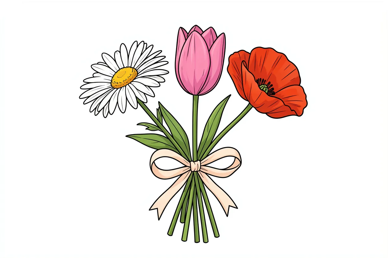 A line art illustration of a daisy, tulip, and poppy bouquet tied with a cream ribbon bow