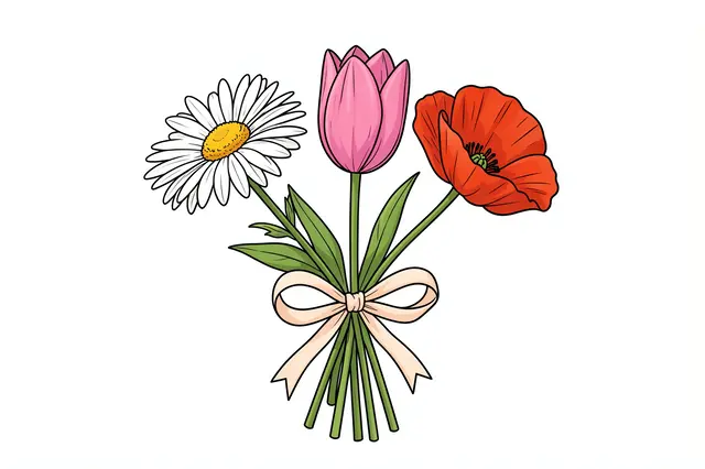 A line art illustration of a daisy, tulip, and poppy bouquet tied with a cream ribbon bow