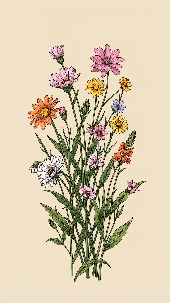 Detailed line art wildflower bouquet with colorful blooms against a soft beige background