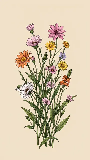 Detailed line art wildflower bouquet with colorful blooms against a soft beige background