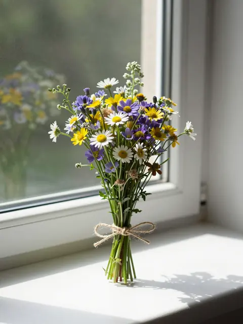 A small wildflower bouquet tied with twine sits on a bright sunlit windowsill next to a window with blurred outdoor foliage.