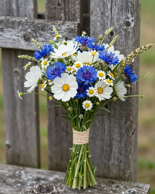 A wildflower bouquet of cornflowers, cosmos and chamomile tied with twine rests on a weathered wooden fence post.