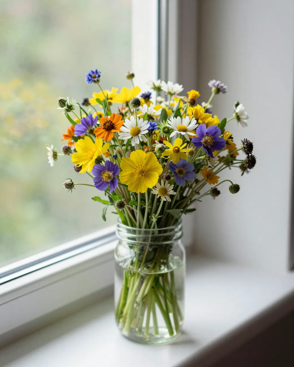 A bright mixed wildflower bouquet sits in a clear glass jar on a white windowsill beside blurred outdoor greenery.