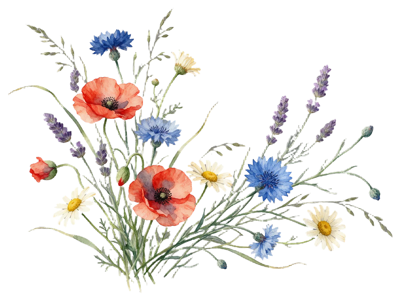 Delicate watercolor curved arrangement of poppies, cornflowers, chamomile and lavender with fine grasses