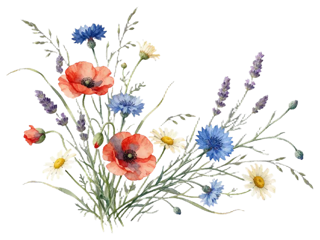 Delicate watercolor curved arrangement of poppies, cornflowers, chamomile and lavender with fine grasses