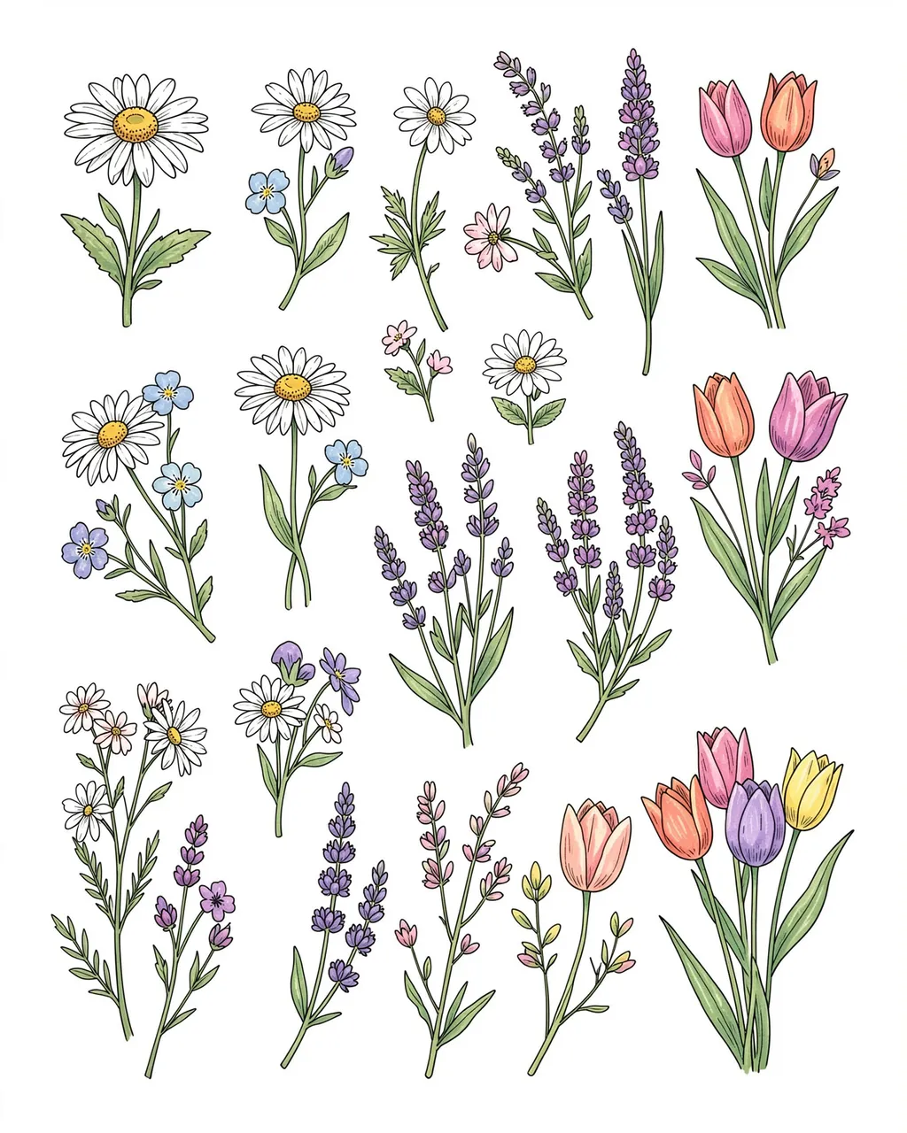 Set of hand-drawn small flower doodles on a plain white background in soft pastel ink