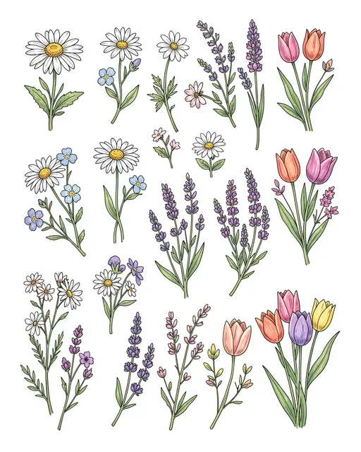 Set of hand-drawn small flower doodles on a plain white background in soft pastel ink