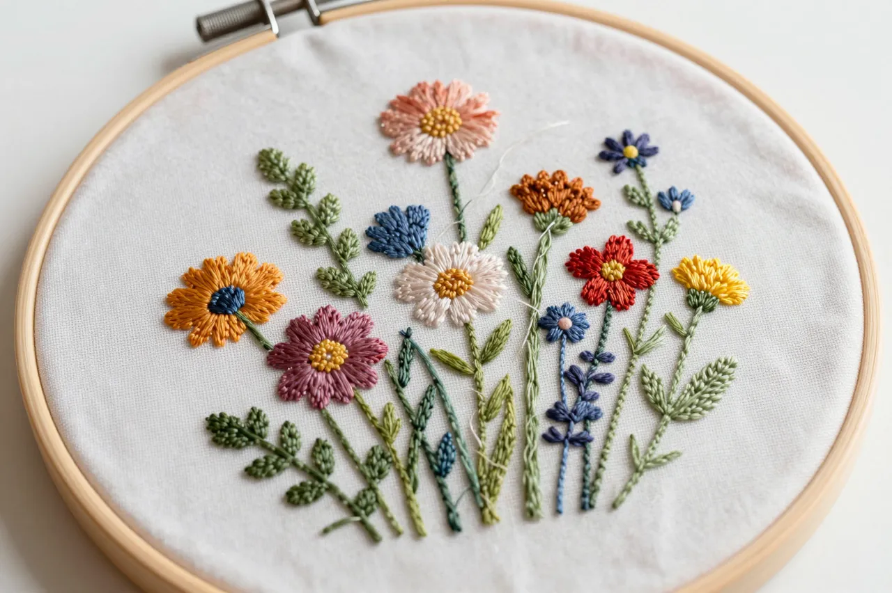 Top-down view of a wooden embroidery hoop holding half-finished stitched wildflowers on white fabric with loose threads.