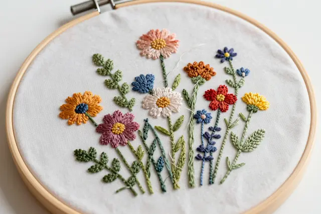 Top-down view of a wooden embroidery hoop holding half-finished stitched wildflowers on white fabric with loose threads.