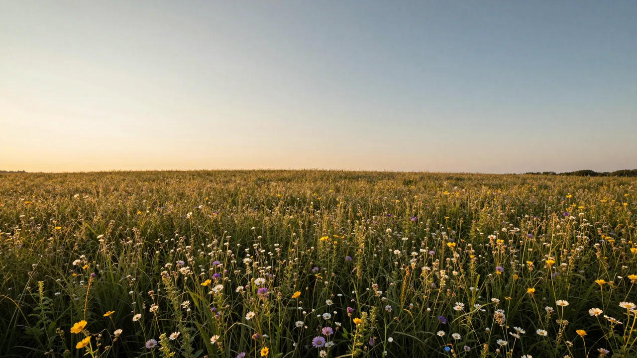 A wide field of mixed wildflowers stretches out beneath a soft gradient sunset sky