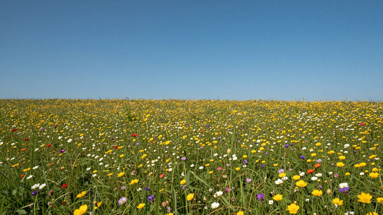 A wide sunlit meadow full of colorful wildflowers stretches beneath a clear bright blue sky.