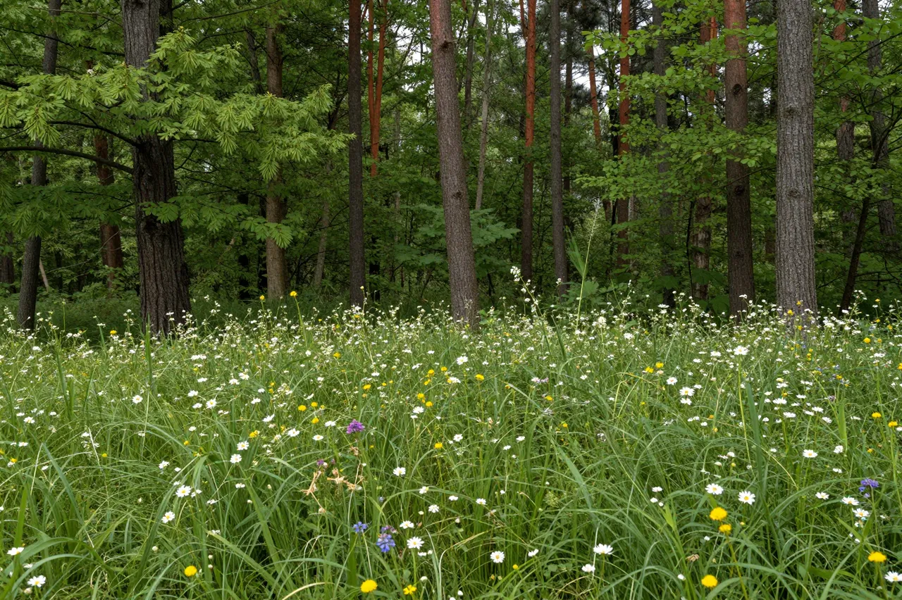 A sun dappled forest clearing filled with mixed wildflowers ringed by tall leafy trees