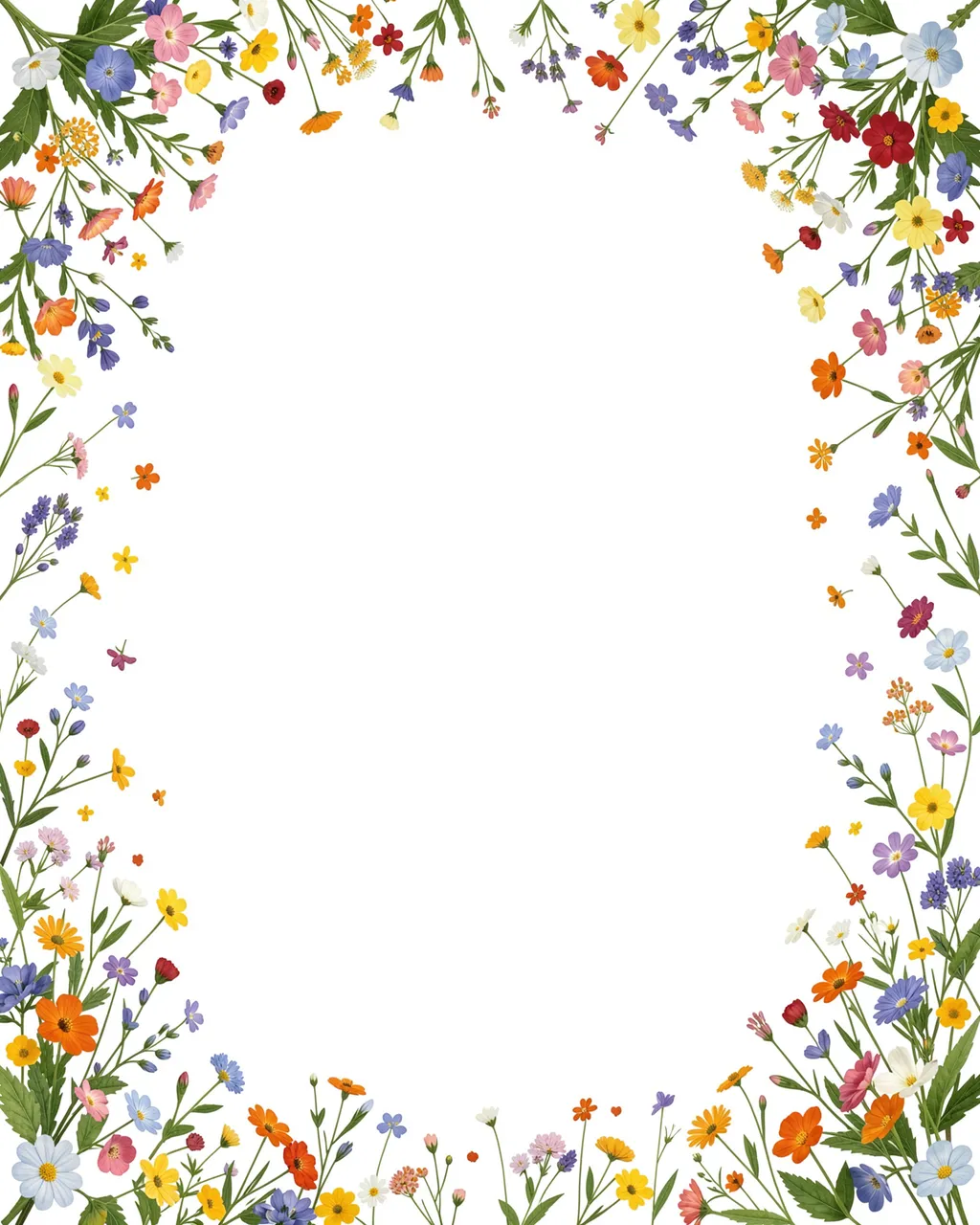 Delicate multicolored tiny wildflowers form a decorative border around a blank white central space