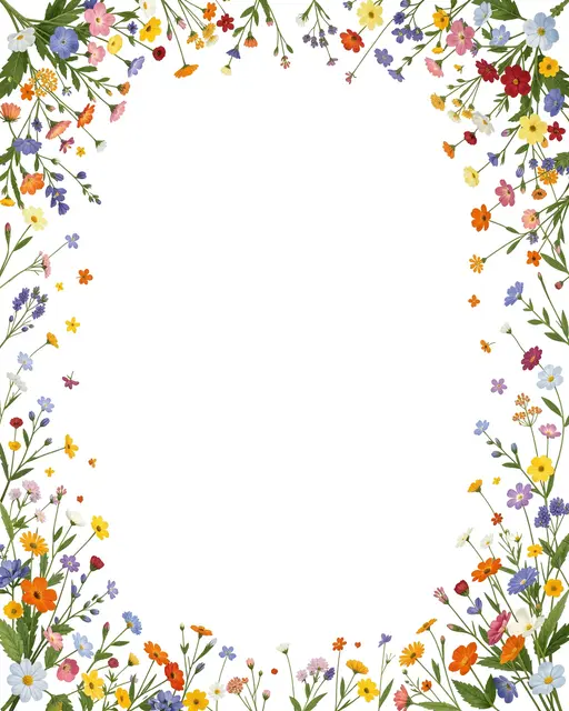 Delicate multicolored tiny wildflowers form a decorative border around a blank white central space