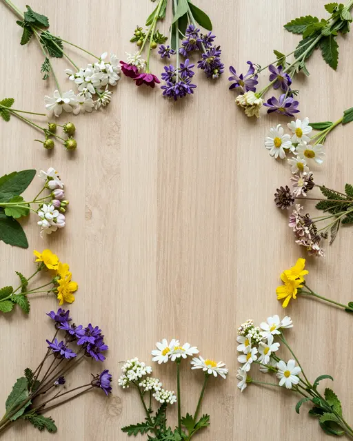 Overhead shot of fresh wildflowers arranged in a border around the empty center of a pale wooden table.