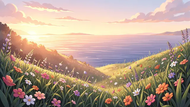 Anime-style illustration of a wildflower-covered hillside overlooking a calm sea at glowing sunset