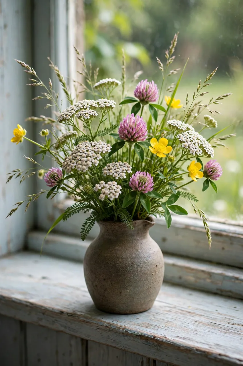 A stoneware jug holding a wildflower bouquet rests on a weathered cottage windowsill.
